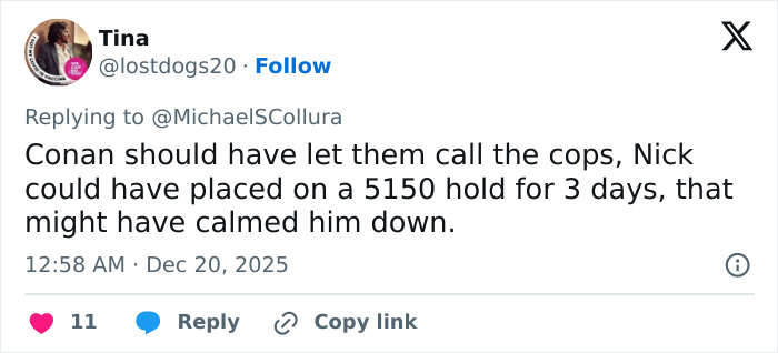 Screenshot of a tweet discussing Nick Reiner’s explosive fight and Conan O’Brien stopping a 911 call at a party. Screenshot of a tweet discussing Nick Reiner’s explosive fight and Conan O’Brien stopping a 911 call at a party.
