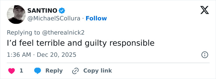 Twitter reply from Michael S Collura expressing guilt after Nick Reiner&rsquo;s explosive fight with his dad at a party.
