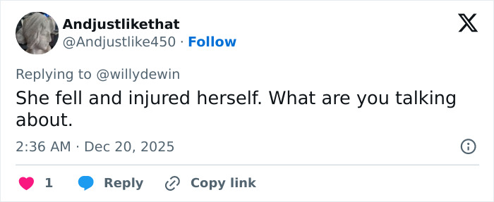 Twitter comment disputing theories about Millie Bobby Brown’s arm injury and Jake Bongiovi’s control. Twitter comment disputing theories about Millie Bobby Brown’s arm injury and Jake Bongiovi’s control.