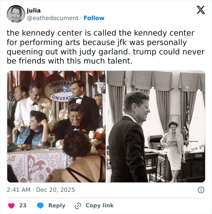 Vintage photos showing John F. Kennedy with Judy Garland and a formal event at the Kennedy Center.