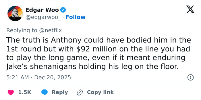 Tweet from Edgar Woo discussing Jake Paul’s broken jaw and the financial stakes involved in a fight strategy.