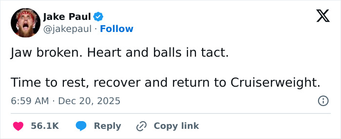 Screenshot of Jake Paul's tweet about his broken jaw, sharing his recovery plan and addressing internet reactions.