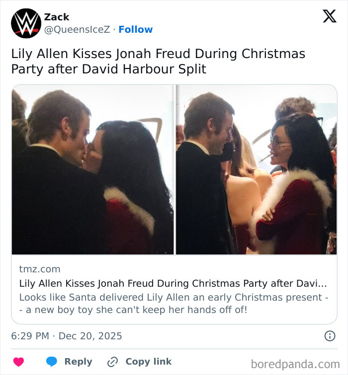 Lily Allen during continual divorce celebration, kissing 28-year-old heir at a festive Christmas party event. Lily Allen during continual divorce celebration, kissing 28-year-old heir at a festive Christmas party event.