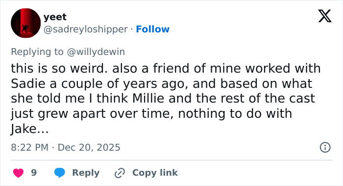 Tweet discussing Millie Bobby Brown’s arm injury and fan theories about Jake Bongiovi’s control in a casual social media post. Tweet discussing Millie Bobby Brown’s arm injury and fan theories about Jake Bongiovi’s control in a casual social media post.