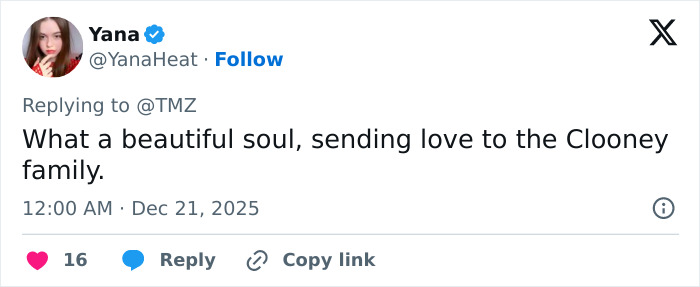 Tweet expressing condolences and support for George Clooney after his sister Ada passes away at 65. Tweet expressing condolences and support for George Clooney after his sister Ada passes away at 65.