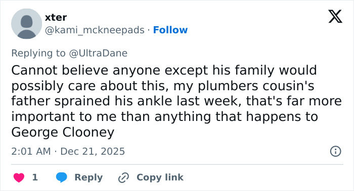 Screenshot of a social media post reacting to George Clooney sharing a heartfelt tribute after sister Ada passes away. Screenshot of a social media post reacting to George Clooney sharing a heartfelt tribute after sister Ada passes away.