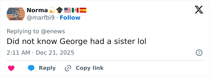 Social media post showing a user reacting to news about George Clooney sharing a heartfelt tribute to his sister Ada. Social media post showing a user reacting to news about George Clooney sharing a heartfelt tribute to his sister Ada.