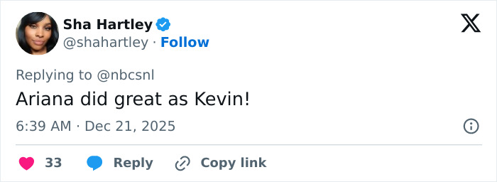 Tweet by Sha Hartley praising Ariana Grande’s performance in SNL’s Home Alone parody, sparking fan debate.