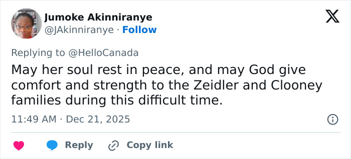 Tweet expressing condolences to the Clooney family during difficult time after sister Ada passes away at 65.