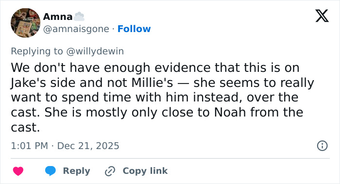 Screenshot of a tweet discussing Millie Bobby Brown’s arm injury and fan theories about Jake Bongiovi’s control. Screenshot of a tweet discussing Millie Bobby Brown’s arm injury and fan theories about Jake Bongiovi’s control.