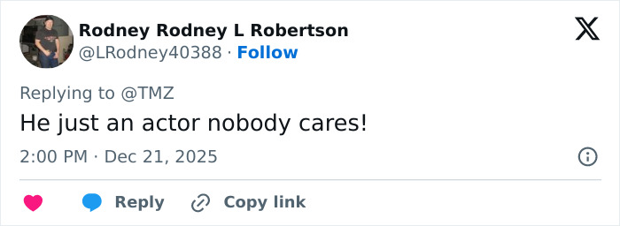 Twitter user Rodney Rodney L Robertson posting a critical comment in response to George Clooney sharing heartfelt tribute after sister Ada passes away. Twitter user Rodney Rodney L Robertson posting a critical comment in response to George Clooney sharing heartfelt tribute after sister Ada passes away.