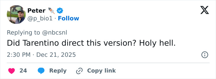 Twitter reply reacting to a bloody twist in SNL’s Home Alone parody starring Ariana Grande dividing fans. Twitter reply reacting to a bloody twist in SNL’s Home Alone parody starring Ariana Grande dividing fans.
