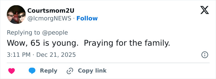 User tweet expressing condolences for George Clooney&rsquo;s sister Ada passing away at age 65 with prayers for the family.
