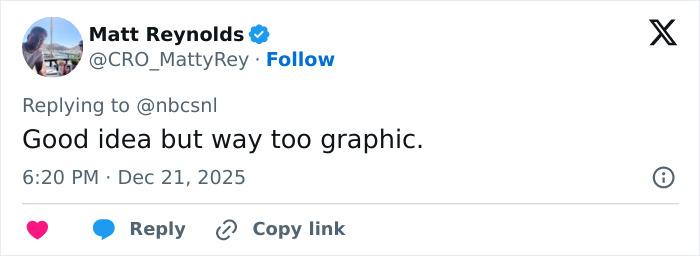 User reaction tweet criticizing the bloody twist in SNL’s Home Alone parody starring Ariana Grande. User reaction tweet criticizing the bloody twist in SNL’s Home Alone parody starring Ariana Grande.
