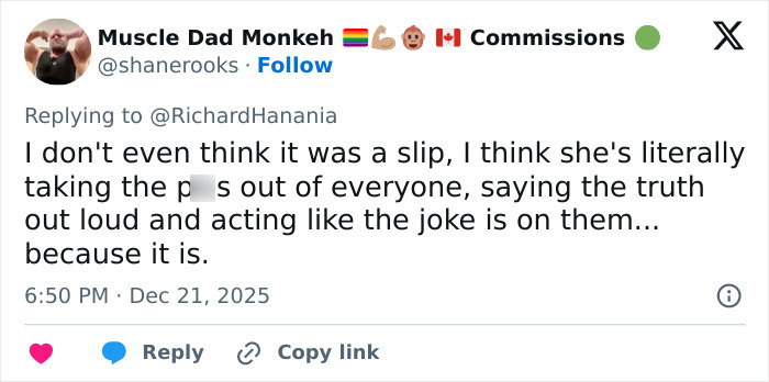 Tweet discussing Erika Kirk’s Freudian slip, describing it as an intentional awkward mistake at a TPUSA event. Tweet discussing Erika Kirk’s Freudian slip, describing it as an intentional awkward mistake at a TPUSA event.