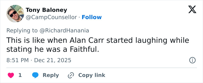 Twitter reply by Tony Baloney joking about an awkward Freudian slip related to Erika Kirk at a TPUSA event. Twitter reply by Tony Baloney joking about an awkward Freudian slip related to Erika Kirk at a TPUSA event.