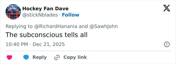 Tweet by user Hockey Fan Dave referencing a Freudian slip at a TPUSA event, stating the subconscious tells all. Tweet by user Hockey Fan Dave referencing a Freudian slip at a TPUSA event, stating the subconscious tells all.