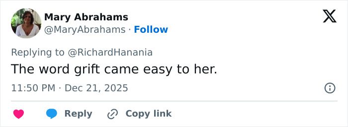Tweet by Mary Abrahams referencing Erika Kirk’s greatest Freudian slip with the word grift at a TPUSA event. Tweet by Mary Abrahams referencing Erika Kirk’s greatest Freudian slip with the word grift at a TPUSA event.