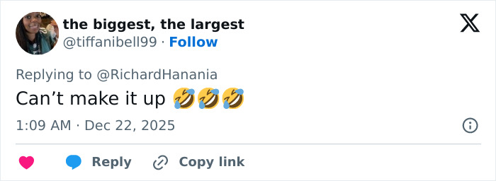 Tweet by user the biggest, the largest replying to Richard Hanania, laughing emojis used about a Freudian slip at TPUSA event. Tweet by user the biggest, the largest replying to Richard Hanania, laughing emojis used about a Freudian slip at TPUSA event.