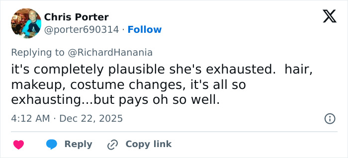 Tweet discussing exhaustion related to Erika Kirk’s greatest Freudian slip at a TPUSA event, highlighting makeup and costume changes. Tweet discussing exhaustion related to Erika Kirk’s greatest Freudian slip at a TPUSA event, highlighting makeup and costume changes.