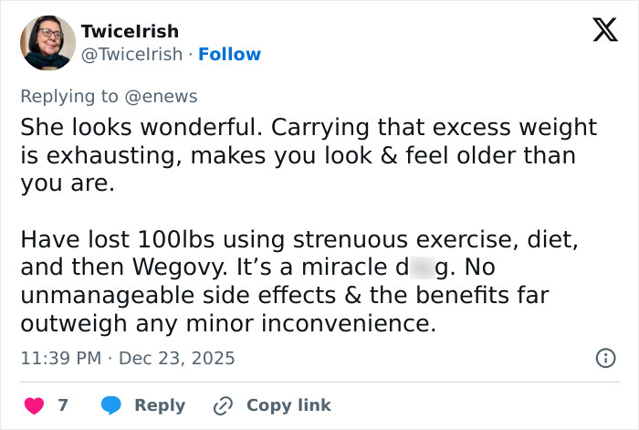 Tweet discussing weight loss using injections, referencing dramatic weight loss and benefits without major side effects.