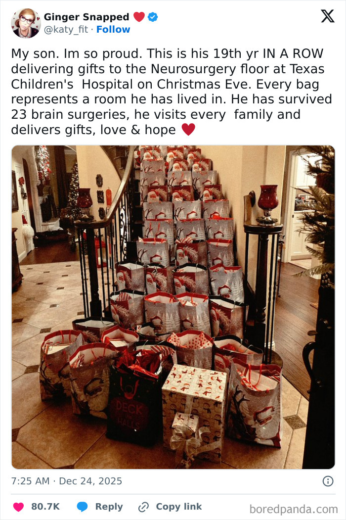 Holiday moments showing numerous Christmas gift bags on stairs, spreading love and hope during the festive season.