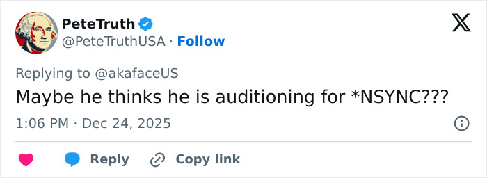 Tweet from user PeteTruthUSA joking about Machine Gun Kelly&rsquo;s boy band dancing, comparing it to auditioning for NSYNC.
