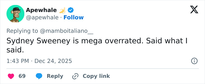 Tweet criticizing Sydney Sweeney, posted by user Apewhale on social media, sparking viral discussion about pizza maker's popularity. Tweet criticizing Sydney Sweeney, posted by user Apewhale on social media, sparking viral discussion about pizza maker's popularity.