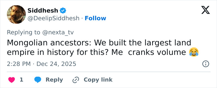 Screenshot of a tweet humorously referencing Mongolian jingle bells and throat singing viral Christmas anthem. Screenshot of a tweet humorously referencing Mongolian jingle bells and throat singing viral Christmas anthem.