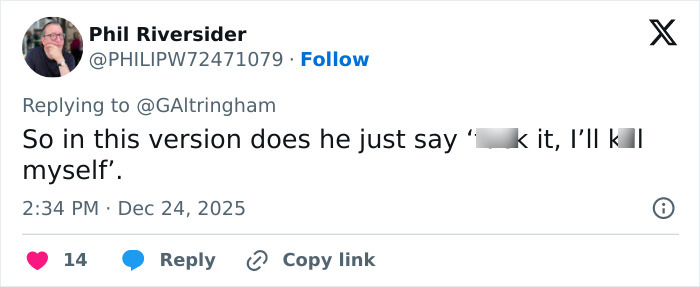 Screenshot of a tweet criticizing Amazon Prime for cutting a crucial scene from a beloved Christmas classic.