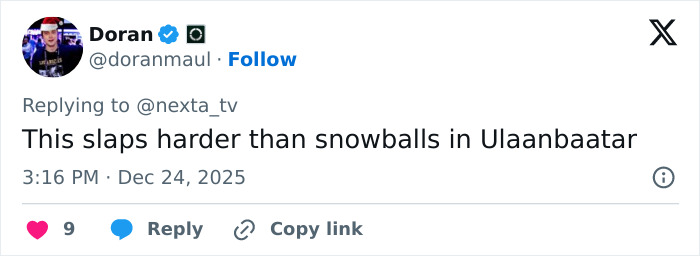 Screenshot of a Twitter reply by user Doran praising Mongolian Jingle Bells as a viral Christmas anthem in 2025. Screenshot of a Twitter reply by user Doran praising Mongolian Jingle Bells as a viral Christmas anthem in 2025.
