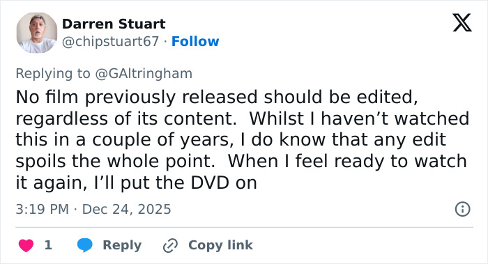 Screenshot of a tweet criticizing Amazon Prime for cutting a crucial scene from a beloved Christmas classic film. Screenshot of a tweet criticizing Amazon Prime for cutting a crucial scene from a beloved Christmas classic film.