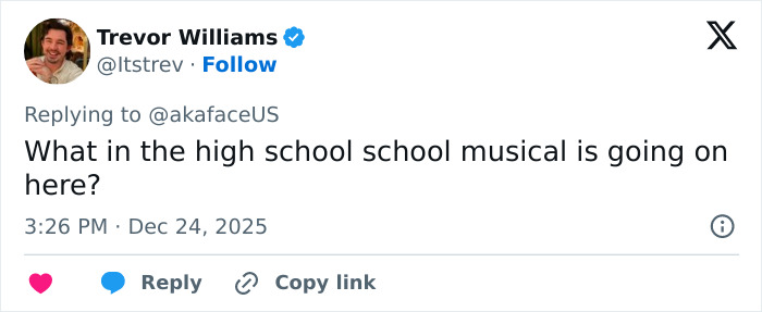 Tweet from Trevor Williams reacting to Machine Gun Kelly's boy band dancing going viral with confusion and humor.