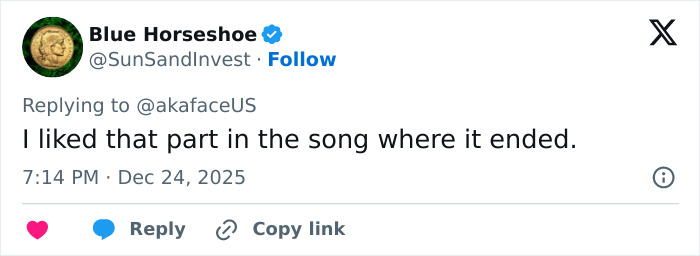 Tweet from Blue Horseshoe commenting on a song, mentioning part they liked, with timestamp and engagement options.