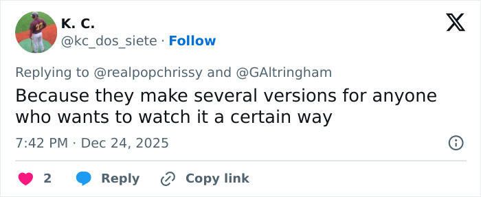 Tweet from K.C. discussing multiple versions available for viewers to watch a beloved Christmas classic on Amazon Prime.