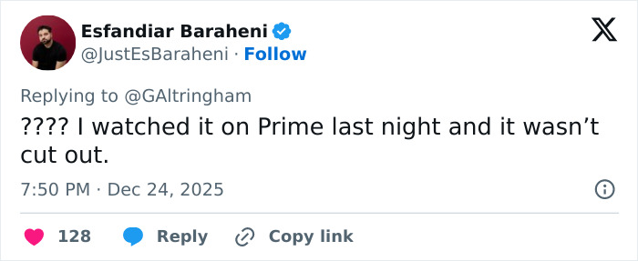 Screenshot of a tweet questioning the removal of a crucial scene from a beloved Christmas classic on Amazon Prime. Screenshot of a tweet questioning the removal of a crucial scene from a beloved Christmas classic on Amazon Prime.