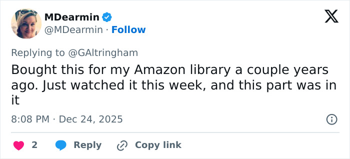Tweet from a user discussing Amazon Prime cutting a crucial scene from a beloved Christmas classic. Tweet from a user discussing Amazon Prime cutting a crucial scene from a beloved Christmas classic.