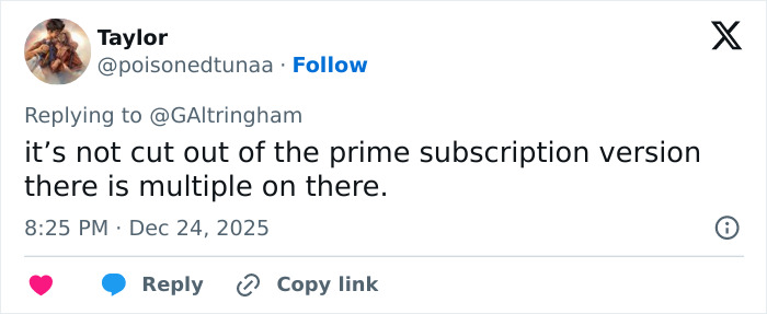 Tweet discussing confusion over Amazon Prime cutting a crucial scene from a beloved Christmas classic film.