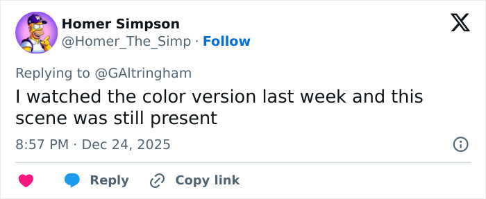 Tweet from Homer Simpson discussing confusion over a missing scene in a beloved Christmas classic on Amazon Prime. Tweet from Homer Simpson discussing confusion over a missing scene in a beloved Christmas classic on Amazon Prime.