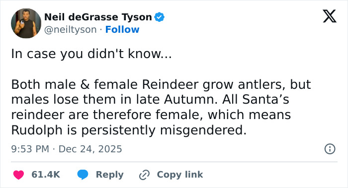 Screenshot of Neil deGrasse Tyson&rsquo;s tweet explaining the gender of Santa&rsquo;s reindeer Rudolph and related facts.