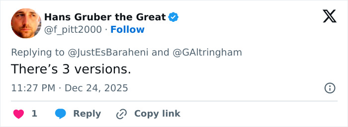 Screenshot of a Twitter reply about multiple versions, related to confusion over a cut scene in a Christmas classic on Amazon Prime.