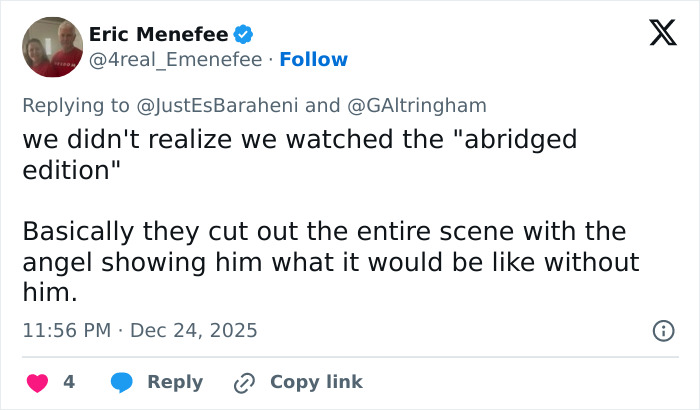 Tweet criticizing Amazon Prime for cutting a crucial scene from a beloved Christmas classic causing confusion among viewers.