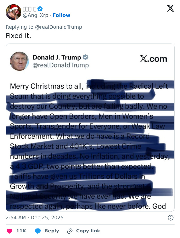 Screenshot of Trump's social media post with text about bad Santa comments sparking outrage on Christmas Eve. Screenshot of Trump's social media post with text about bad Santa comments sparking outrage on Christmas Eve.