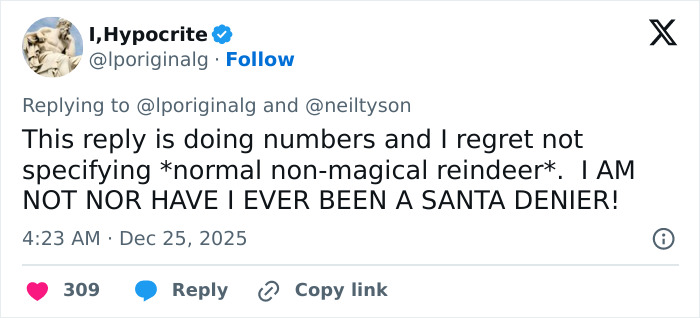 Tweet reply discussing normal non-magical reindeer and referencing Neil deGrasse Tyson on gender of Santa&rsquo;s reindeer Rudolph.