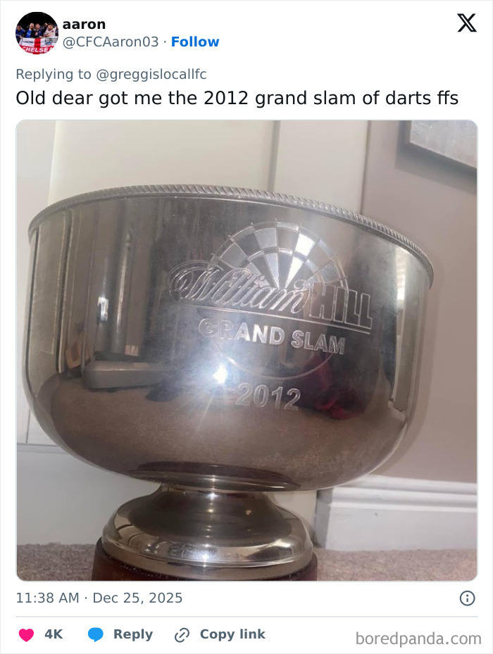 Large silver William Hill 2012 Grand Slam trophy, an example of worst Xmas presents people received this holiday season.
