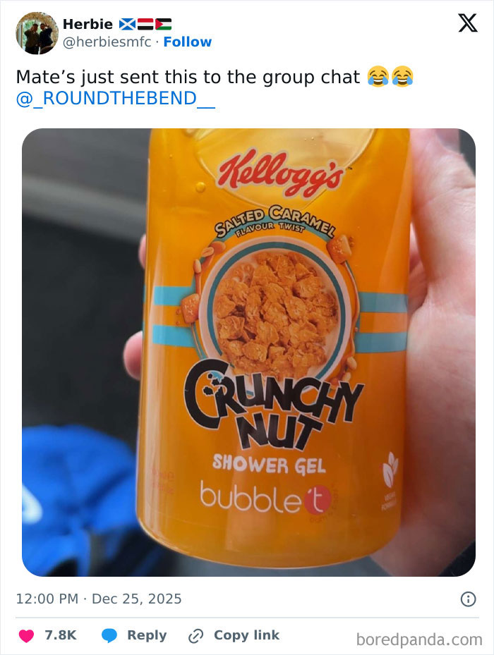 Bottle of Kellogg’s Crunchy Nut shower gel held in hand, featured as one of the worst Xmas presents people received.