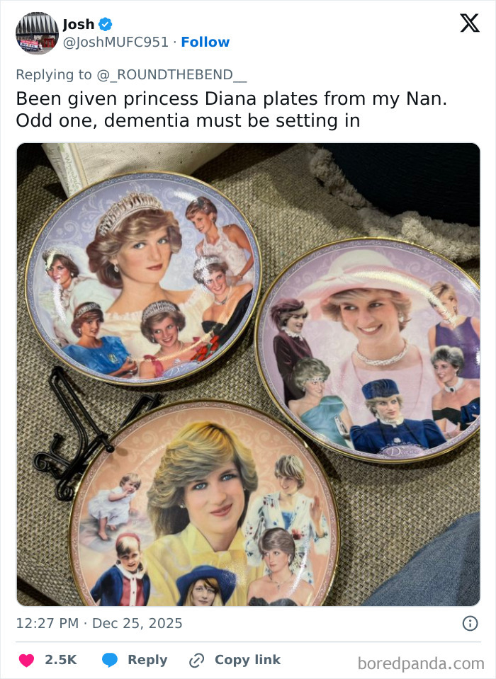 Three decorative plates featuring multiple images of Princess Diana, an example of worst Xmas presents people received this holiday.