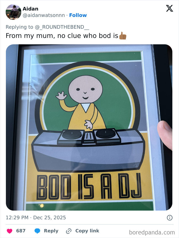 Framed cartoon poster of a DJ with text bod is a DJ, an example of one of the worst Xmas presents people received.