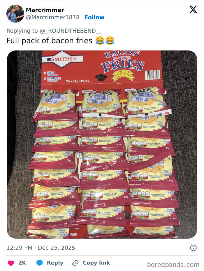 Full pack of bacon fries snacks laid out on a table, an example of worst Xmas presents people received this holiday.