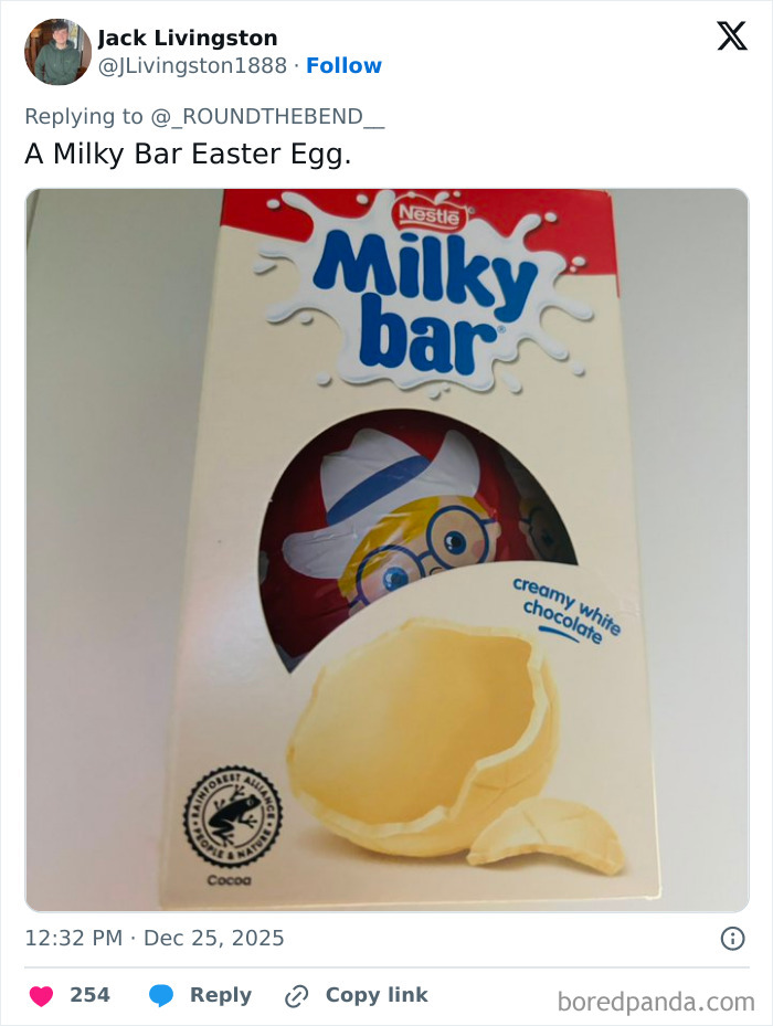Milky Bar Easter Egg in packaging, an example of worst Xmas presents people received this holiday season.